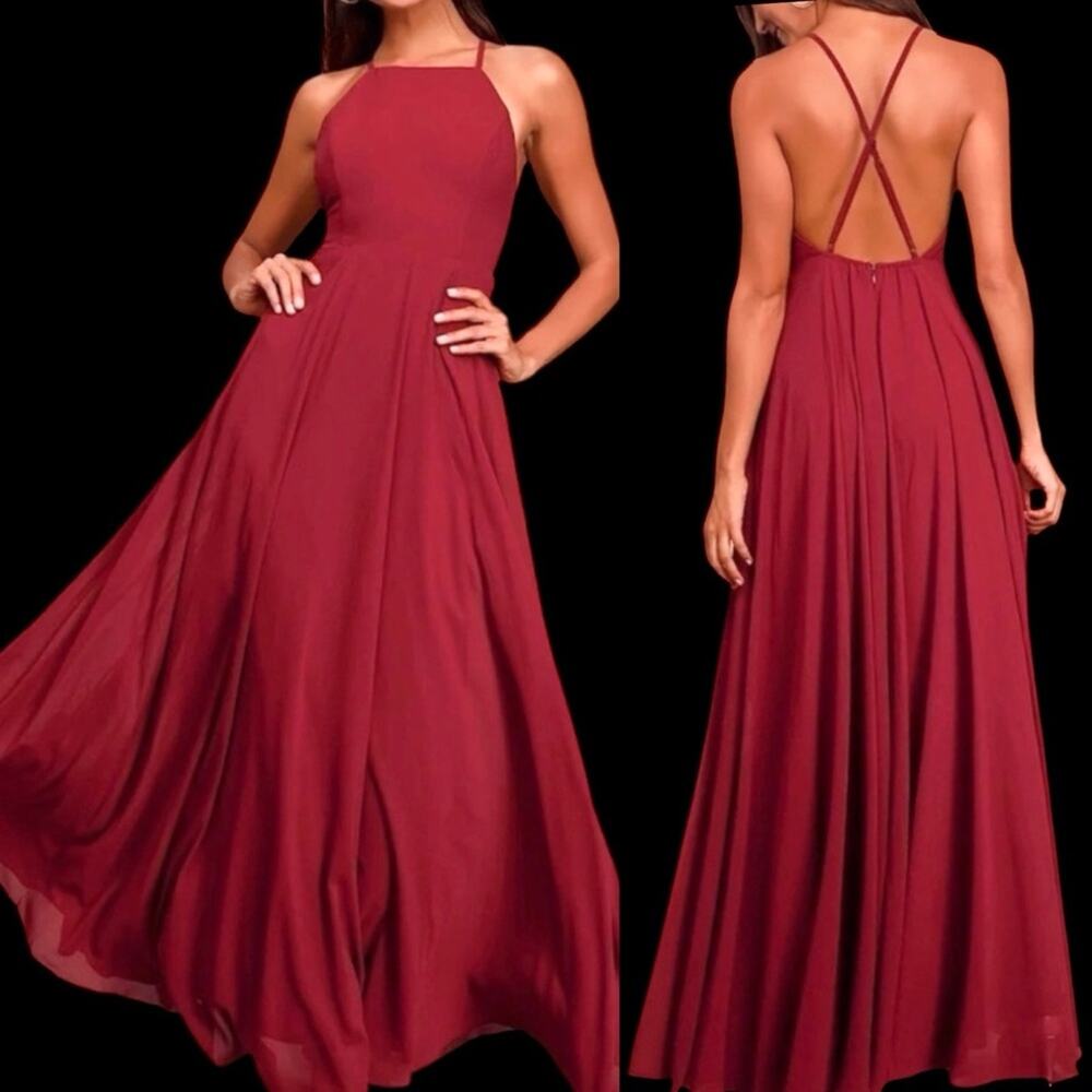 NWT Lulus Chiffon Backless Maxi Dress M Burgundy Wine Deep Red Gown Prom Vamp